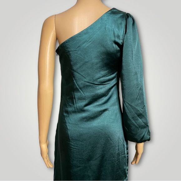 Skies Are Blue Hunter Green Satin One Shoulder Dress - Picture 6 of 7